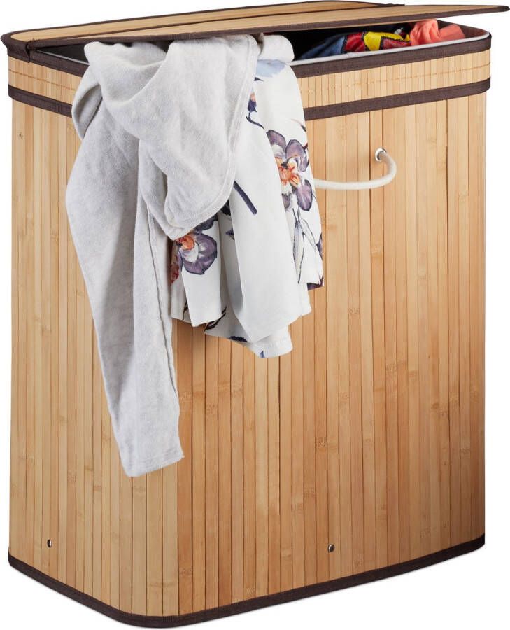 Relaxdays 1x wasmand met deksel 2 vakken bamboe wasbox mand voor wasgoed natuur