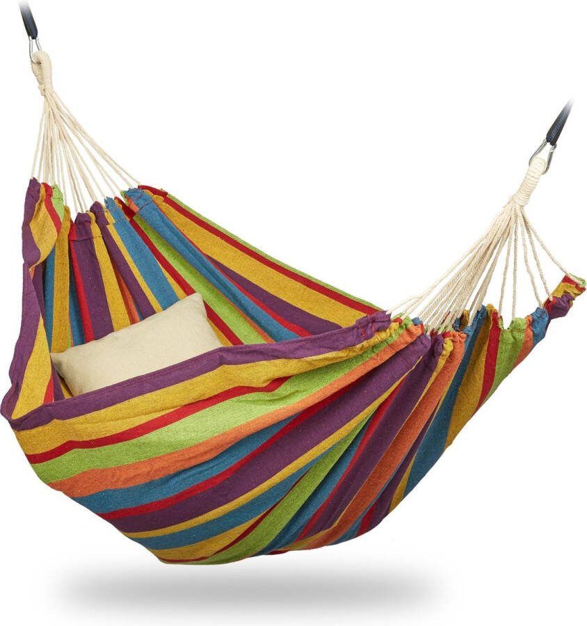 Relaxdays 2 persoons hangmat tot 300 kg tweepersoons buiten katoen opbergtas geel groen blauw rood