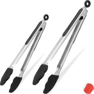 Relaxdays 2 x bbq tang siliconen vleestang keukentang rvs barbecue tang zwart