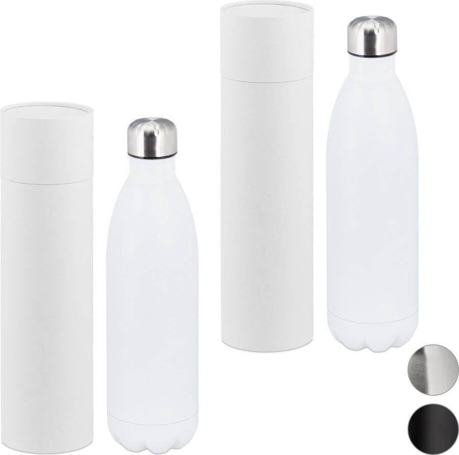 Relaxdays 2 x drinkfles rvs waterfles isoleerfles 1 liter drinkbeker wit