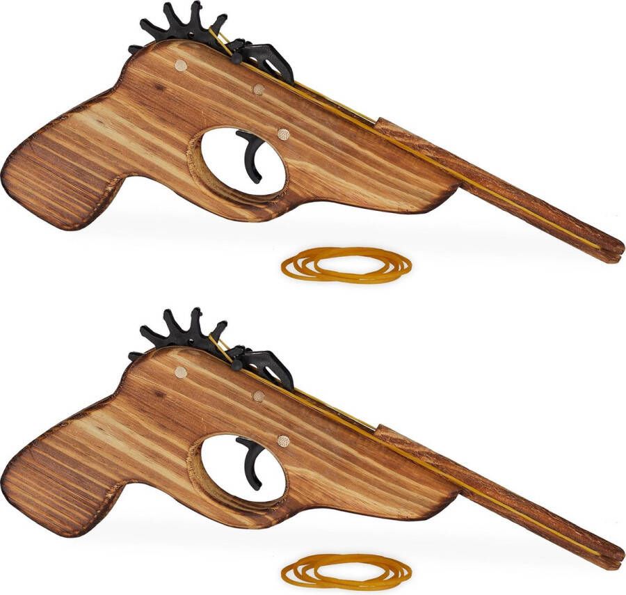 Relaxdays 2 x elastiek pistool geweer houten pistool speelgoedpistool elastiekjes