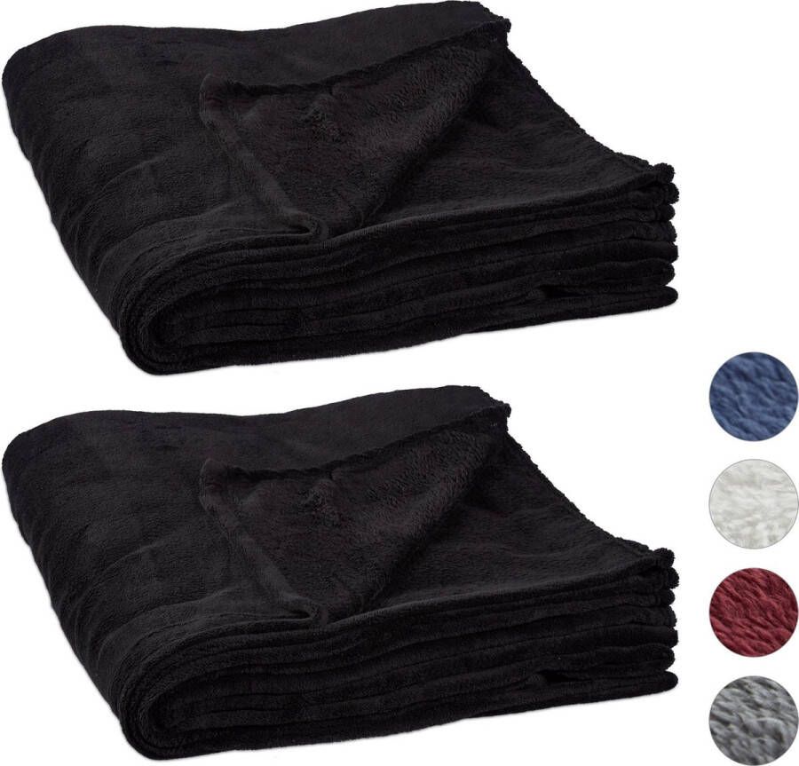 Relaxdays 2 x fleece deken groot plaid – woondeken grand foulard 150x200 cm – zwart