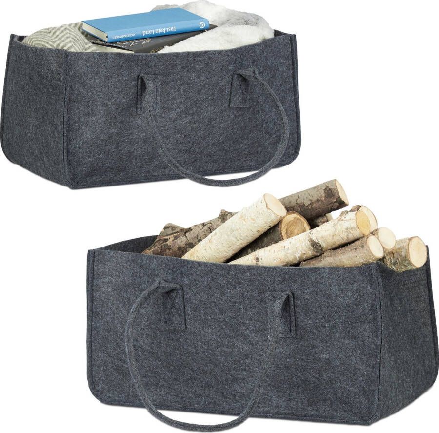 Relaxdays 2 x houtmand vilt haardhout tas draagtas vilttas opbergmand antraciet