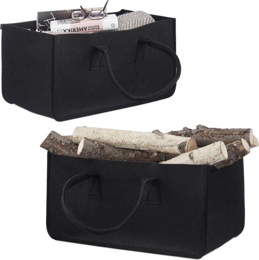 Relaxdays 2 x houtmand vilt haardhout tas draagtas vilttas opbergmand zwart