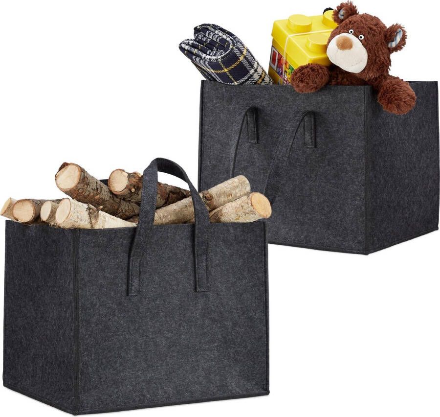 Relaxdays 2 x houtmand vilt opbergmand krantenbak viltmand antraciet opvouwbaar