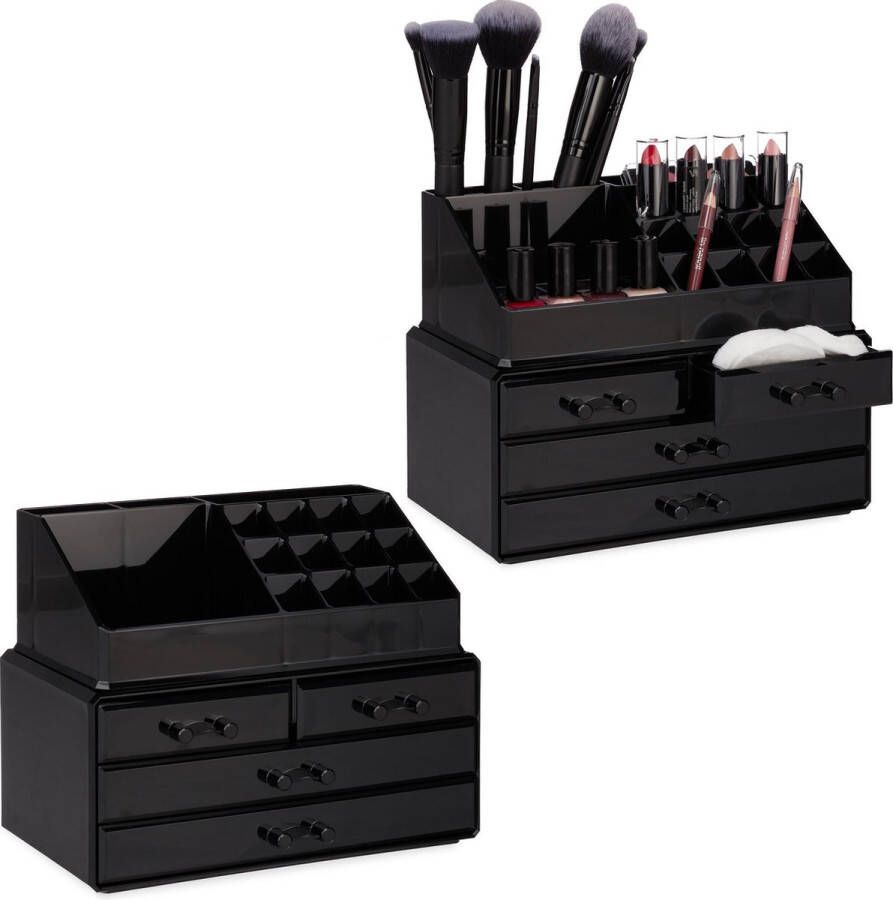 Relaxdays 2 x make-up organizer cosmetica opbergdoos + lippenstift houder zwart