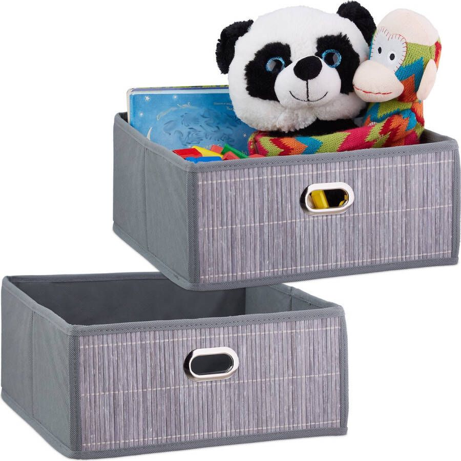Relaxdays 2 x opbergmand badkamer bamboe mand opbergdoos stof opbergbox grijs