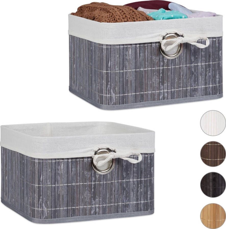 Relaxdays 2 x opbergmand bamboe opvouwbare mand stof decoratie – kastmand – grijs