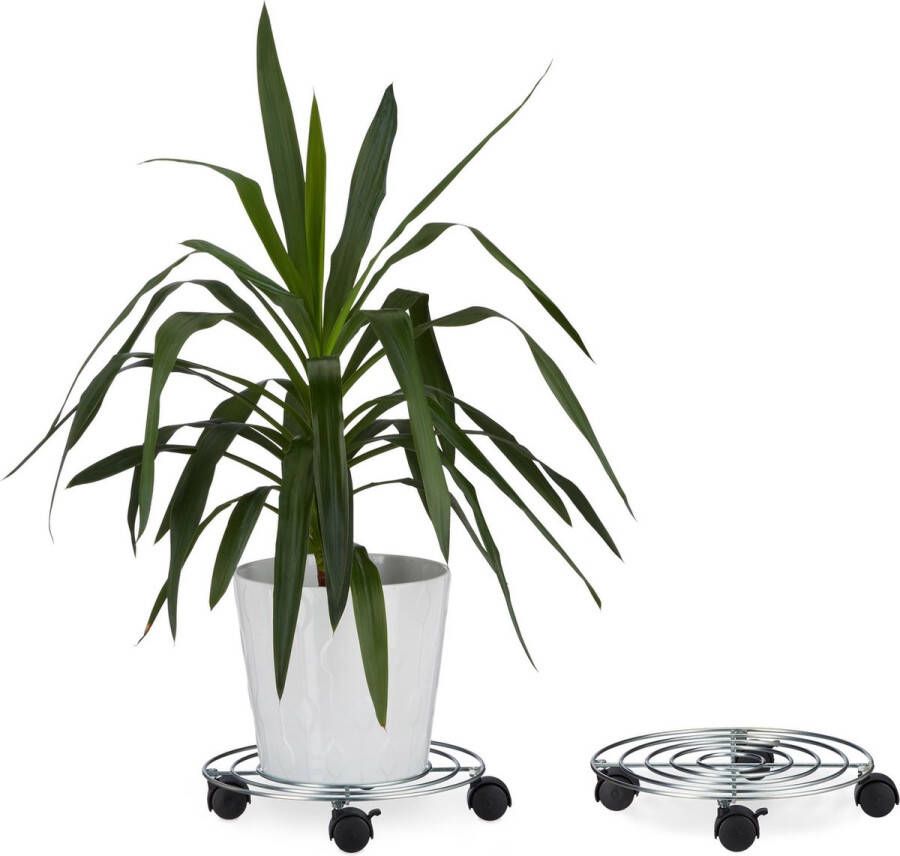 Relaxdays 2 x plantentrolley met rem ronden plantenbakroller multiroller van metaal