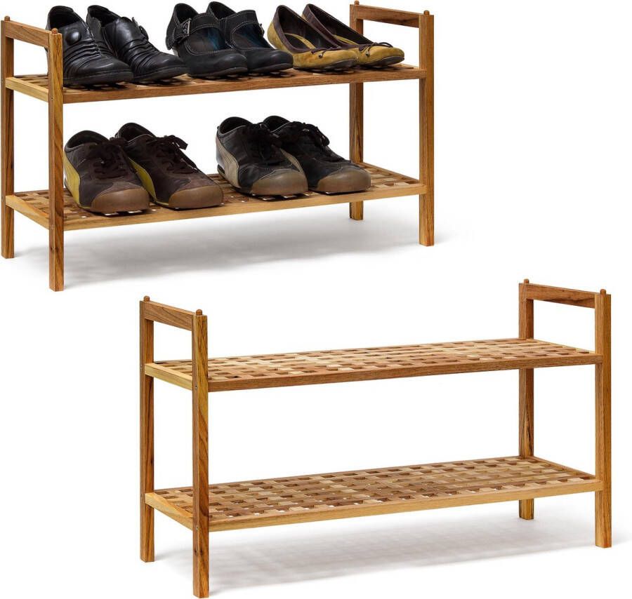 Relaxdays 2 x schoenenrek notenhout in set schoenenkast stapelbaar elk 2 etages open