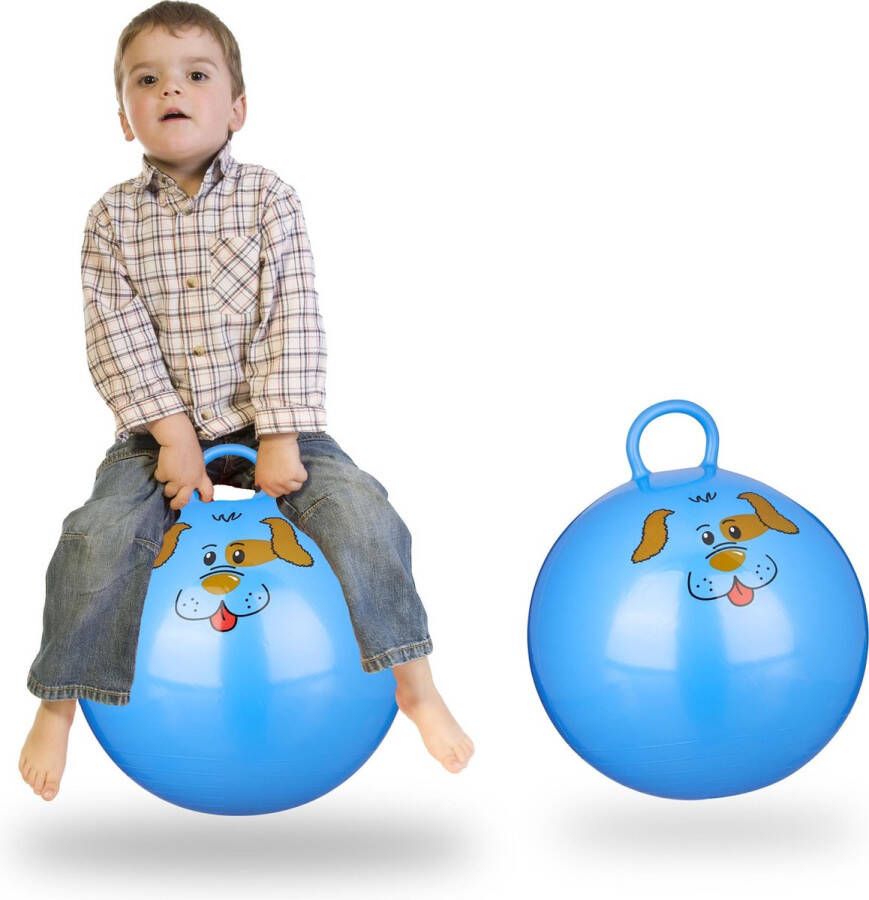 Relaxdays 2 x skippybal in set voor kinderen hond design springbal blauw