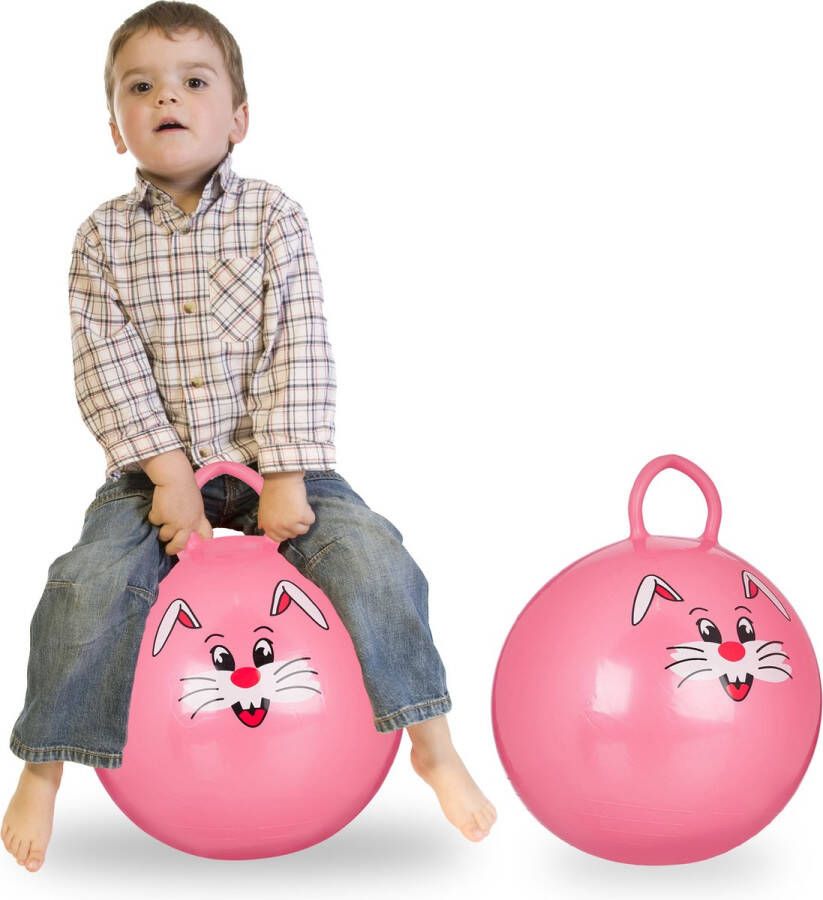 Relaxdays 2 x skippybal in set voor kinderen Met konijn opdruk springbal roze
