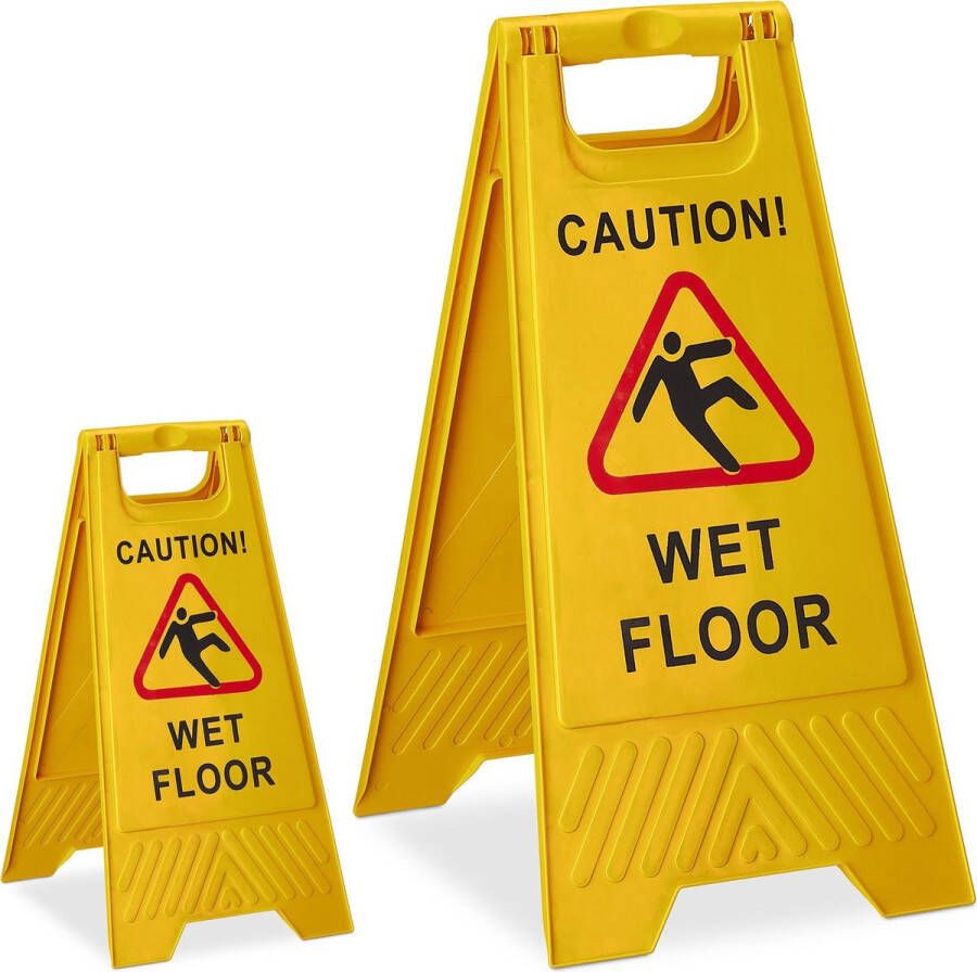Relaxdays 2 x waarschuwingsbord „Caution Wet Floor“ klapbaar gladde vloer bord geel