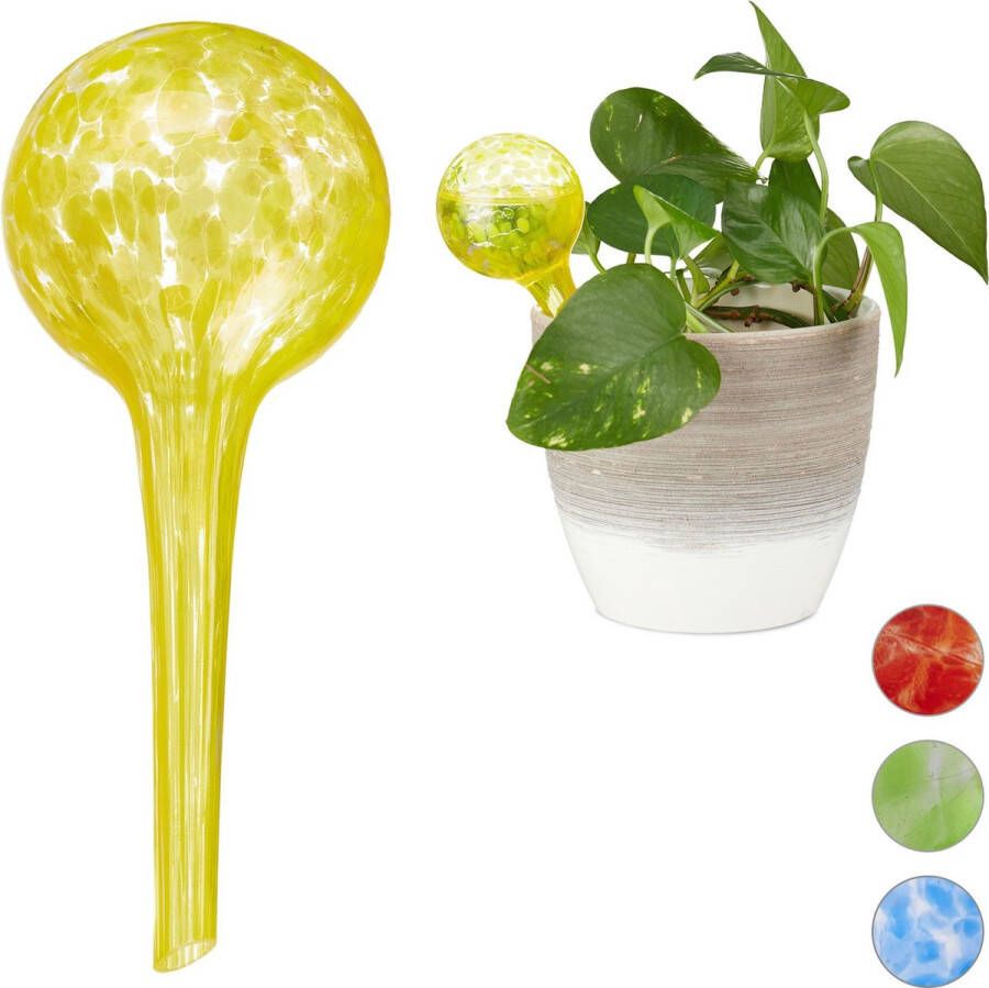 Relaxdays 2 x waterdruppelaar glas waterbollen voor planten Ø6cm – geel