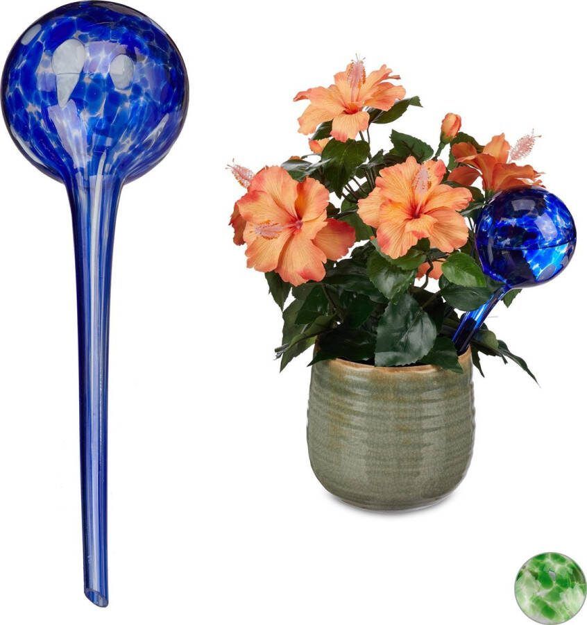 Relaxdays 2 x waterdruppelaar glas watergeefsysteem waterbollen Ø 9 cm blauw