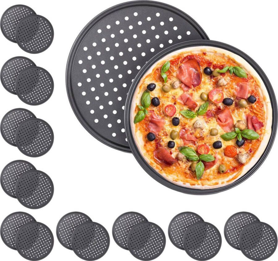 Relaxdays 20 x pizzaplaat pizza bakplaat rond antiaanbaklaag geperforeerd grijs