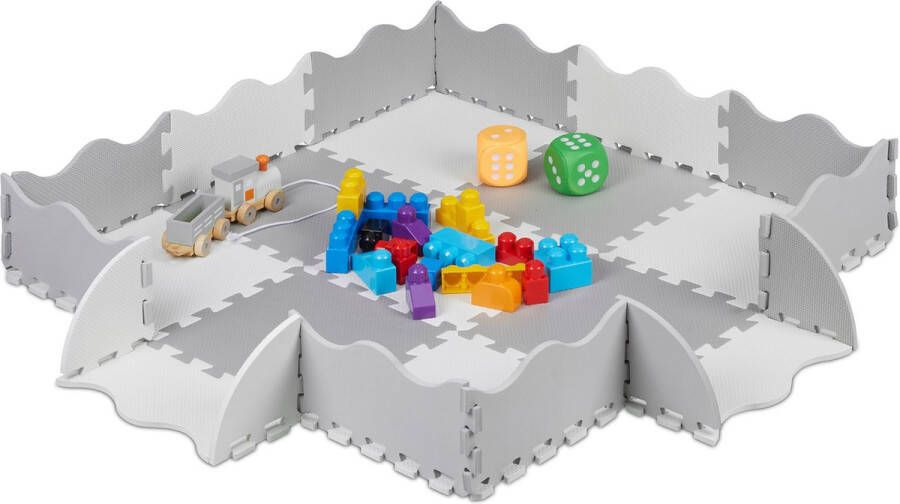 Relaxdays 25-delige speelmat met rand puzzelmat kinderkamer speeltegels vloerpuzzel grijs