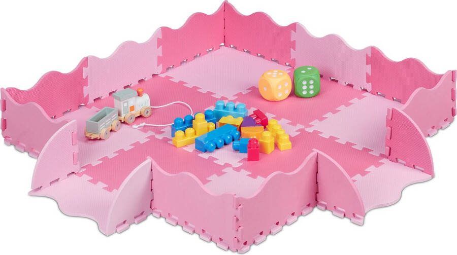 Relaxdays 25-delige speelmat met rand puzzelmat kinderkamer speeltegels vloerpuzzel roze