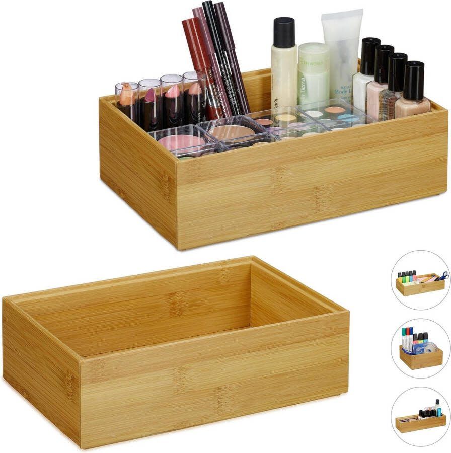 Relaxdays 2x bamboe organizer stapelbaar badkamer keuken opbergbox