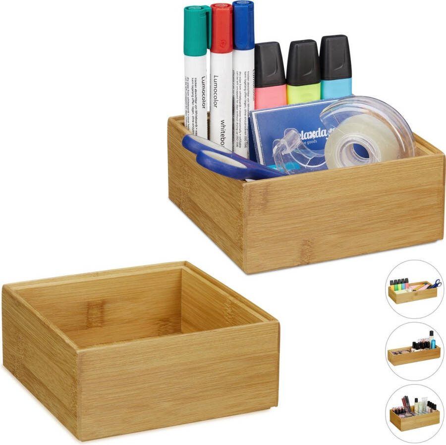 Relaxdays 2x bamboe organizer stapelbaar badkamer keuken opbergbox open