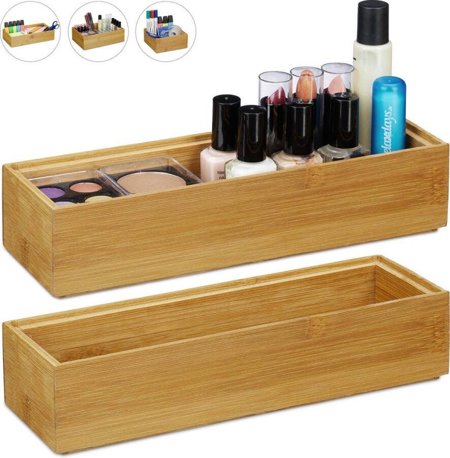 Relaxdays 2x bamboe organizer stapelbaar badkamer keuken opbergbox open