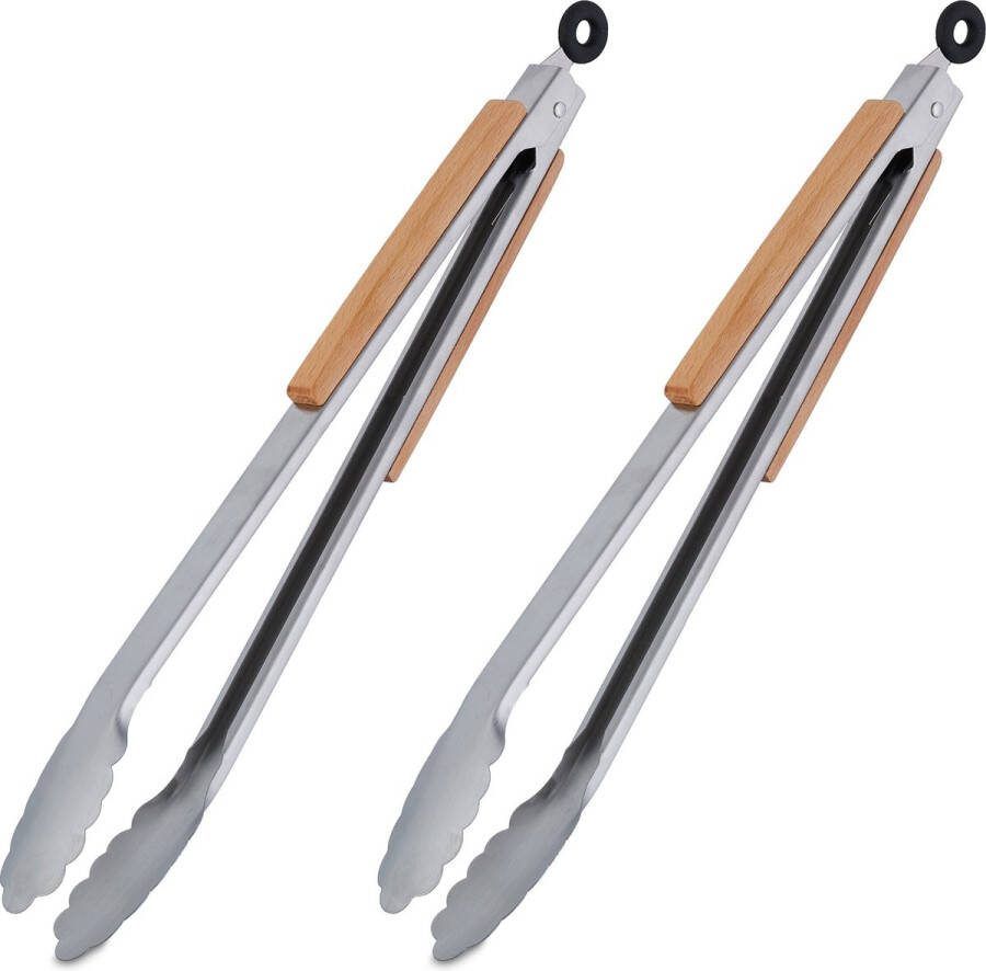 Relaxdays 2x barbecuetang houten handgreep bbq serveertang vleestang 38 cm rvs