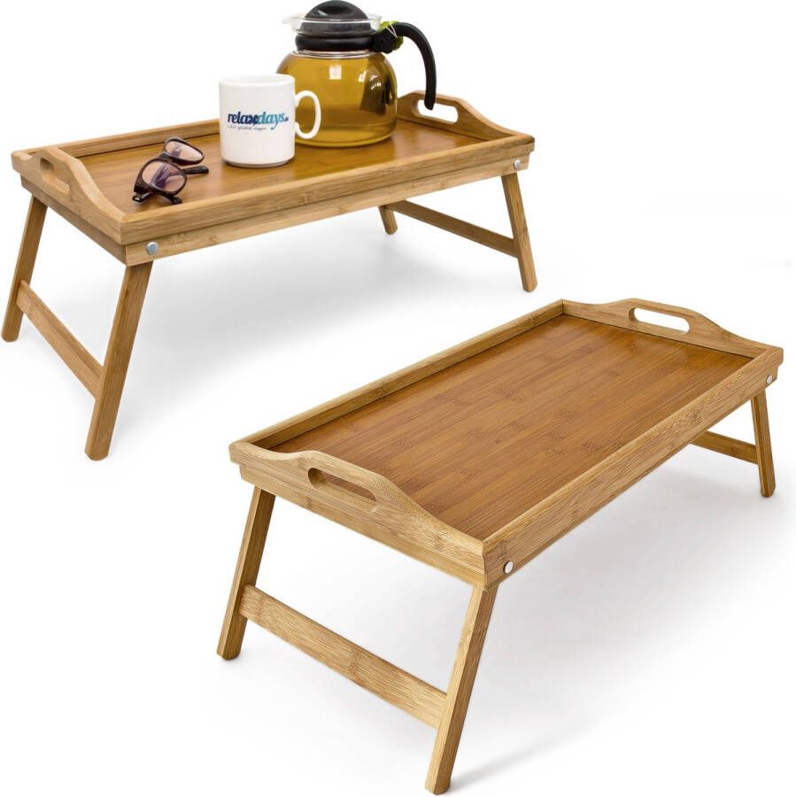 Relaxdays 2x bedtafel bamboe inklapbaar dienblad op poten ontbijt op bed handgrepen