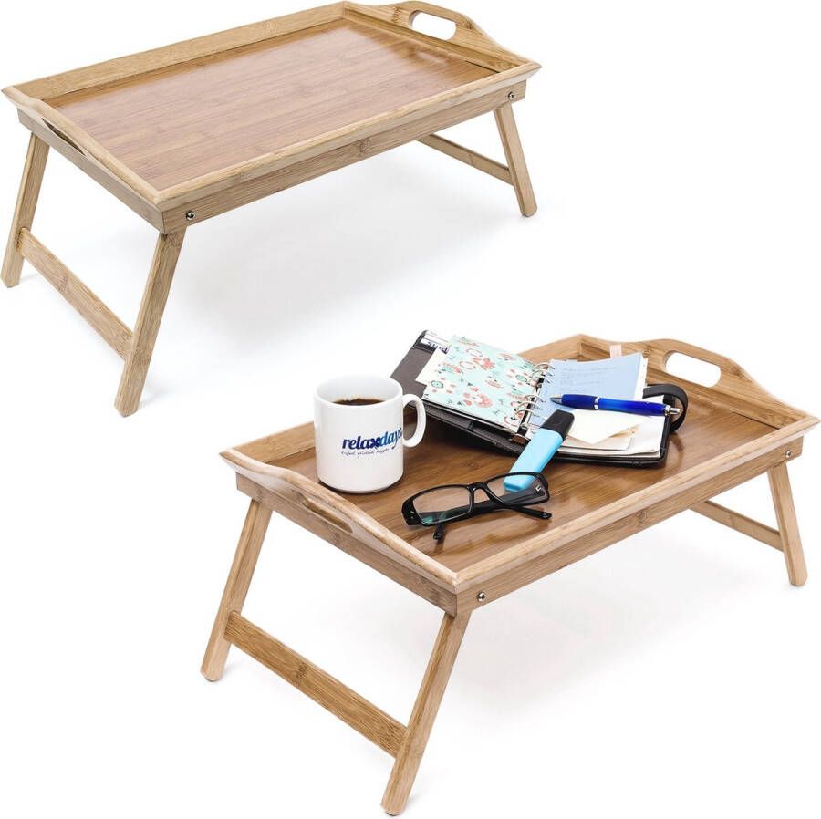 Relaxdays 2x bedtafel bamboe inklapbare poten beddienblad bed tafeltje dienblad