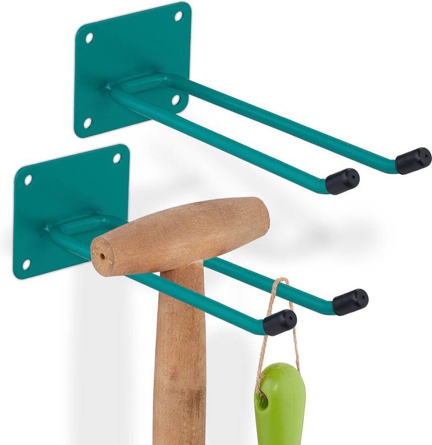 Relaxdays 2x bezemhouder staal tuingereedschapshouder 25 kg ophanghaak garage groen