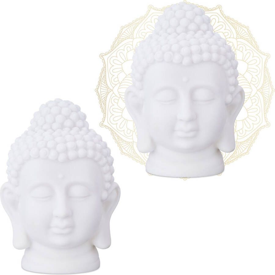 Relaxdays 2x boeddha hoofd boeddha beeld 17 cm zen decoratie kunststof wit