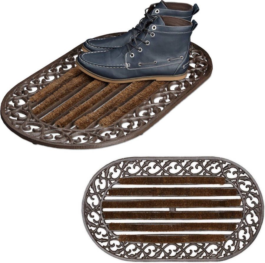 Relaxdays 2x deurmat gietijzer borstels ovale voetmat voetveger metaal schoonloopmat