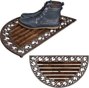 Relaxdays 2x deurmat gietijzer borstels voetmat metaal antiek design bruin brons