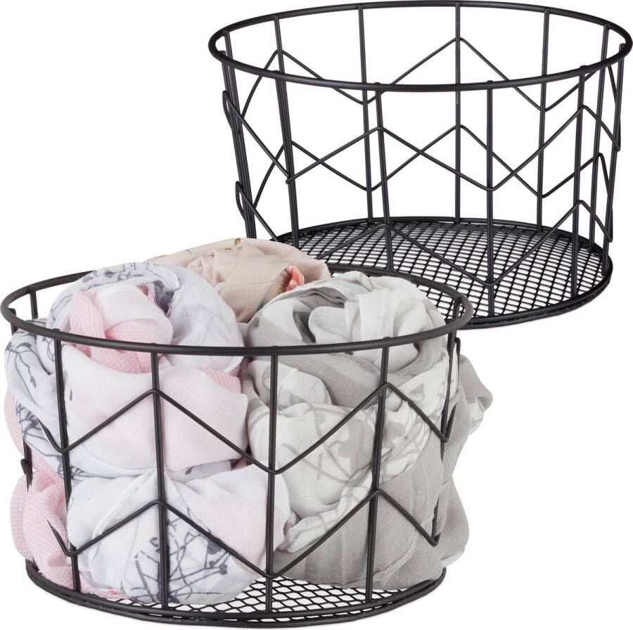 Relaxdays 2x draadmand metaal zwart opbergmand metalen mand rond