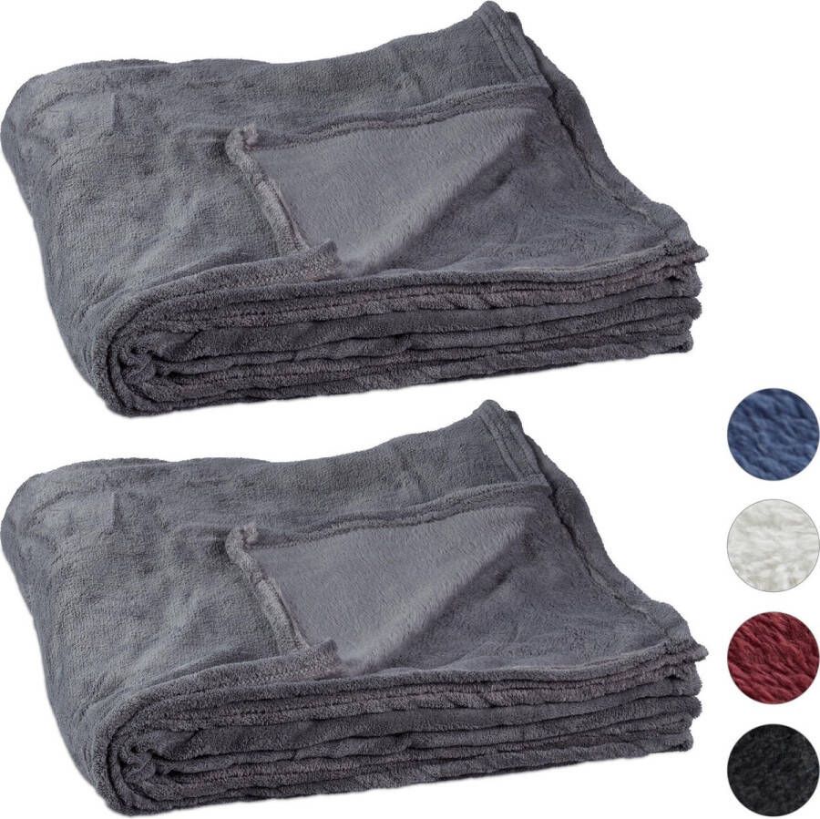 Relaxdays 2x fleece deken 200x220 cm plaid bank kleed polyester grijs- xxl groot