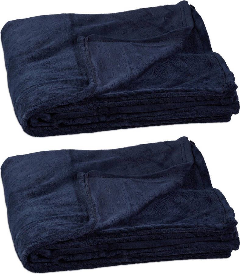 Relaxdays 2x fleece deken 200x220 cm plaid bank kleed polyester xxl blauw