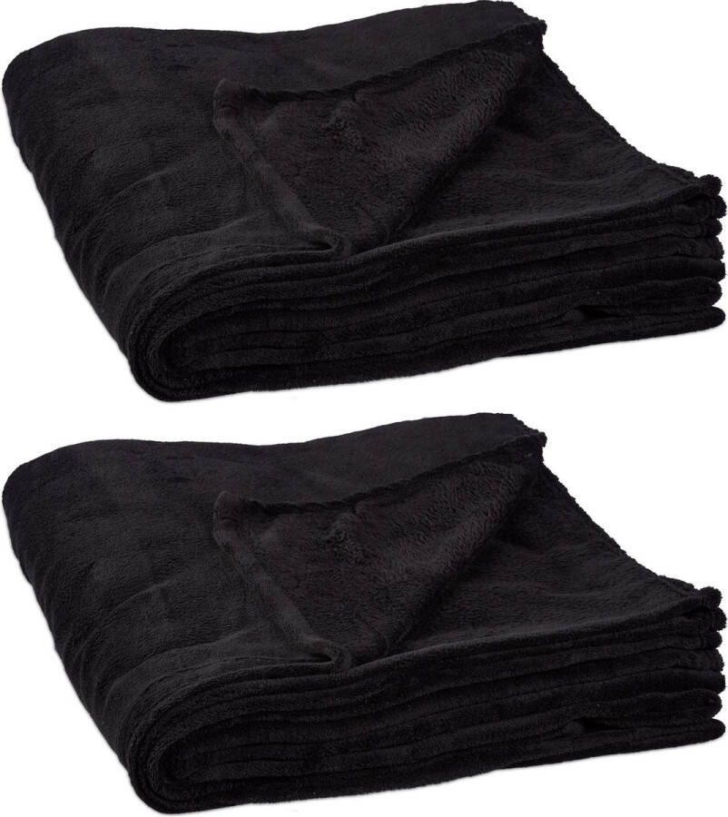Relaxdays 2x fleece deken 200x220 cm plaid kleed polyester zwart xxl groot