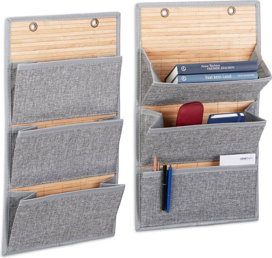 Relaxdays 2x hangende opberger bamboe 3 vakken wandorganizer stof kantoor grijs