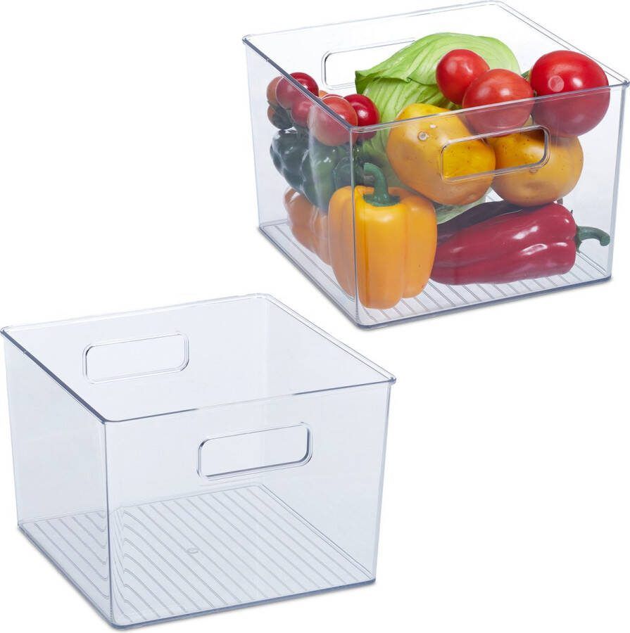 Relaxdays 2x koelkast organizer met handgrepen doorzichtige koelkast opbergbak hoog