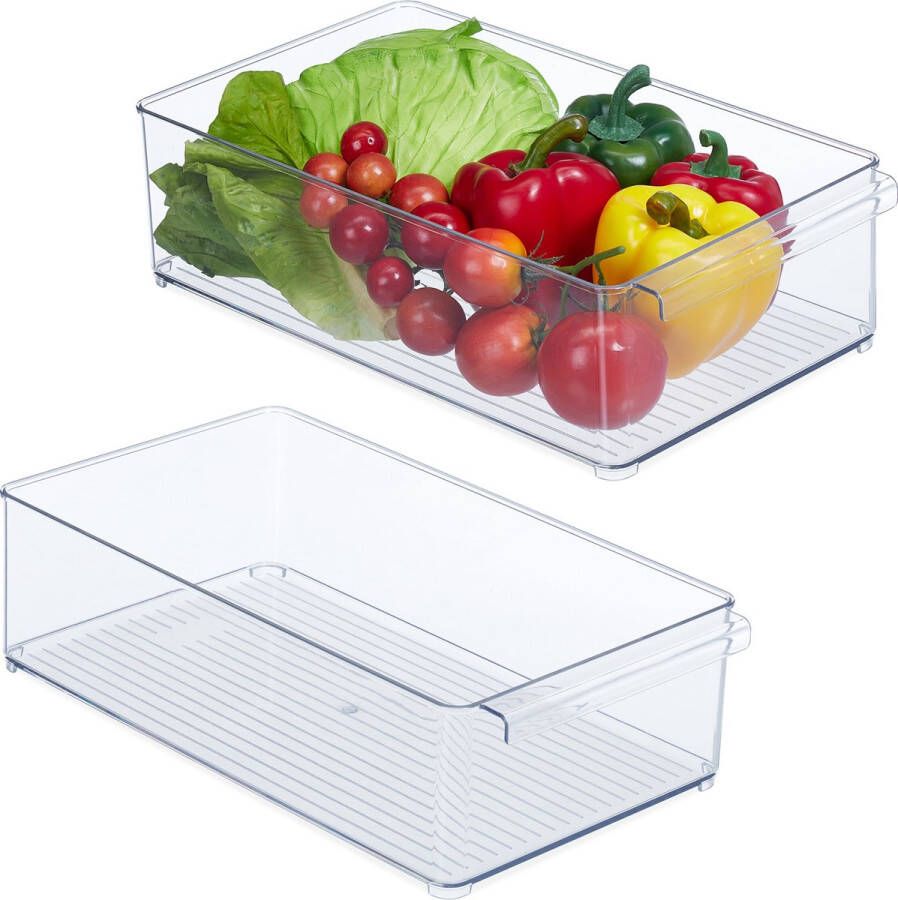 Relaxdays 2x koelkast organizer transparant koelkast bakje keuken organizer langwerpig