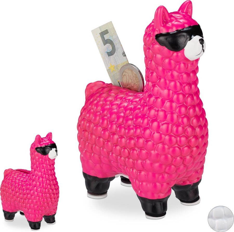 Relaxdays 2x lama spaarpot met zonnebril felroze spaarpotje alpaca keramiek