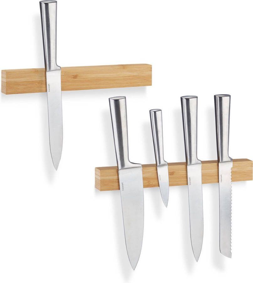 Relaxdays 2x magneetstrip bamboe 30 cm magnetische messenhouder messenmagneet hout
