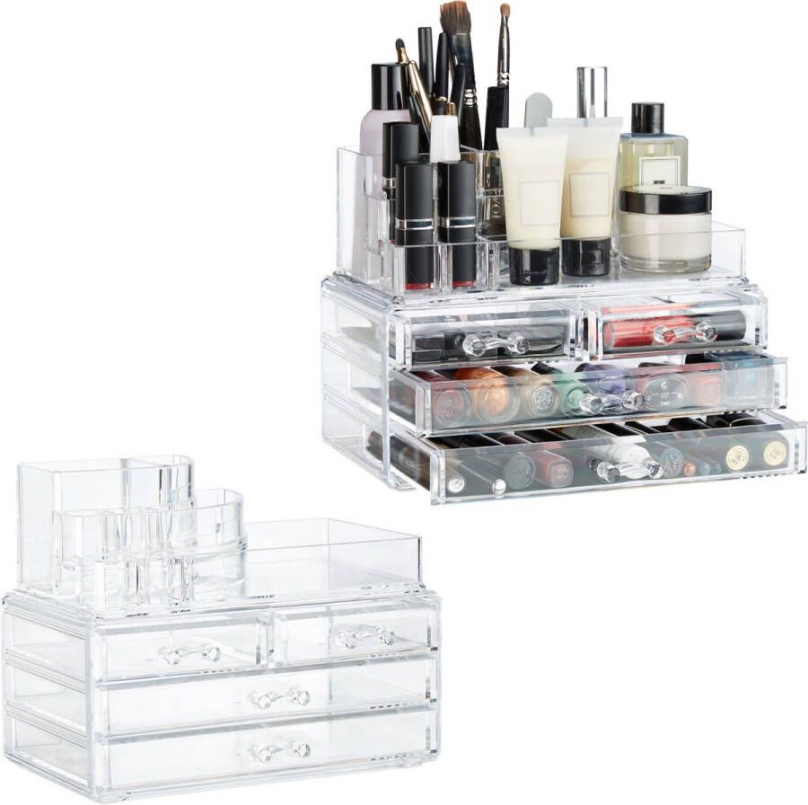 Relaxdays 2x make-up organizer 2-delig cosmetica opbergdoos houder transparant