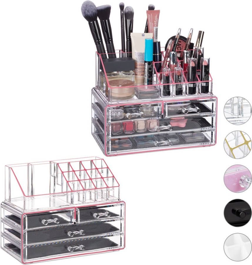 Relaxdays 2x make-up organizer 20 vakken acryl cosmetica opbergdoos transparant