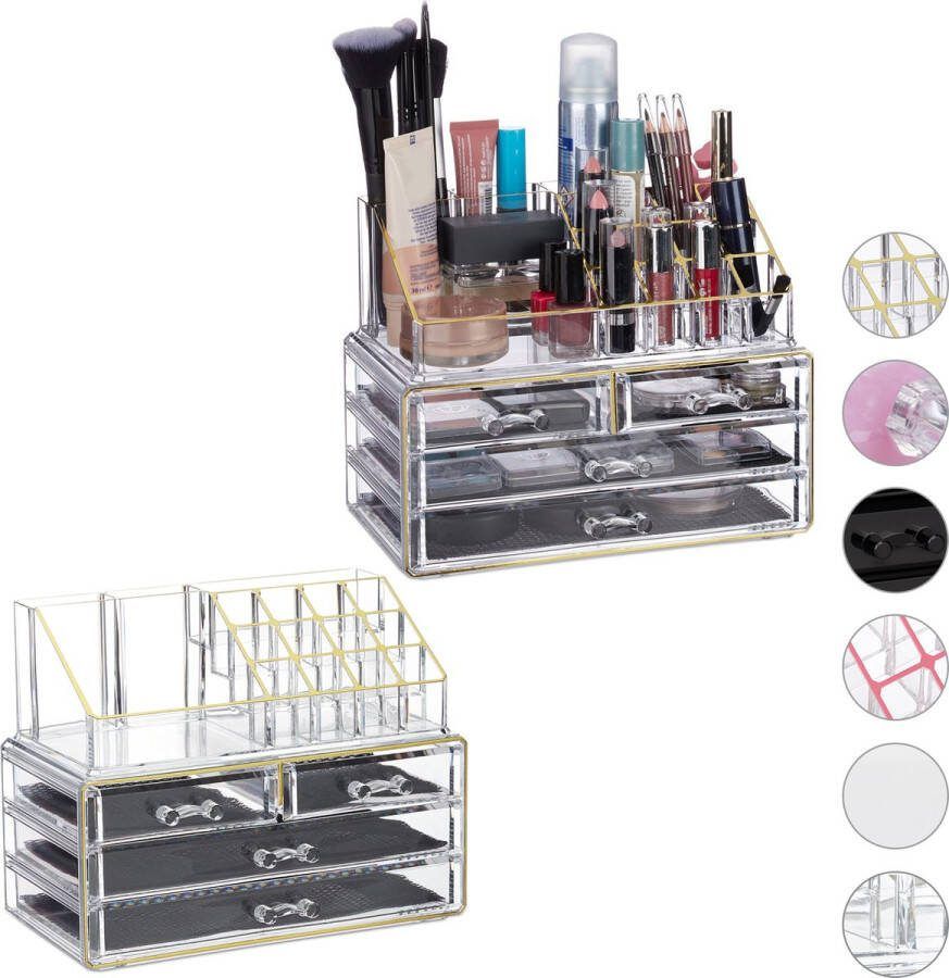Relaxdays 2x make-up organizer 20 vakken cosmetica opbergdoos transparant-goud