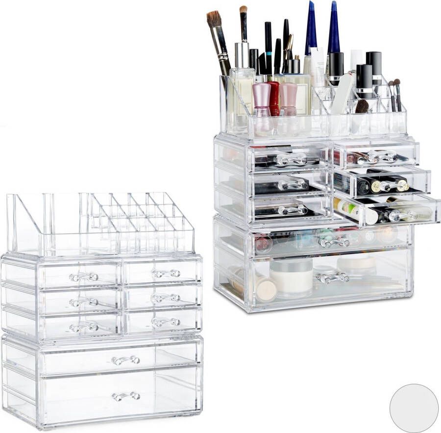 Relaxdays 2 x make-up organizer acryl opbergen van cosmetica met lades doorzichtig