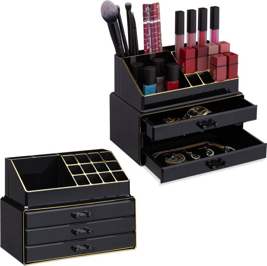 Relaxdays 2x make-up organizer klein stapelbaar sieradendoosje cosmetica opbergbox