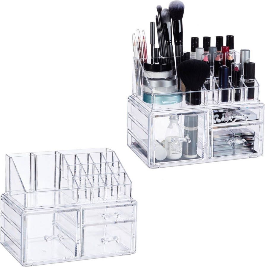 Relaxdays 2 x Make up organizer met 3 lades acryl make up toren doorzichtig 16 vakken