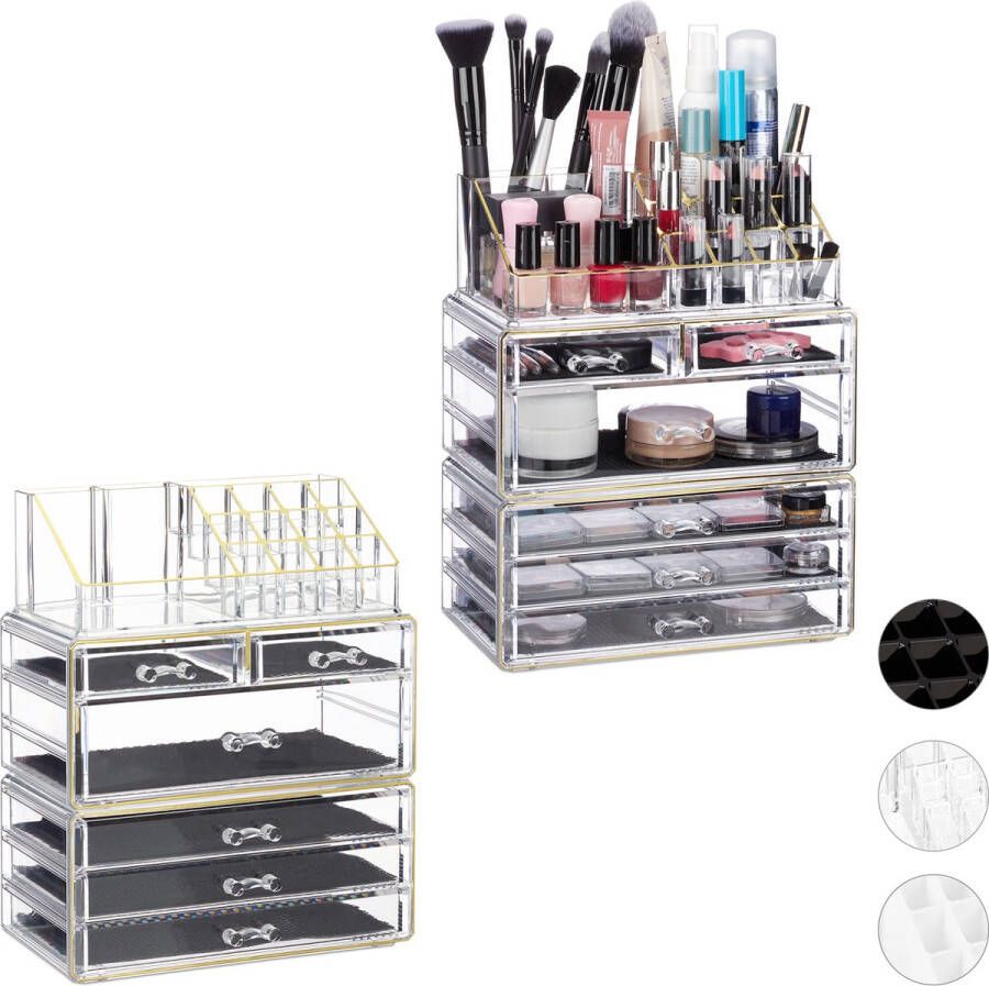 Relaxdays 2x make up organizer met 6 lades acryl cosmetica opslag transparant-goud