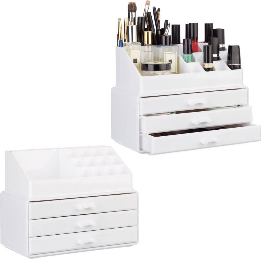 Relaxdays 2x make-up organizer stapelbaar sieradendoos cosmetica opbergbox wit