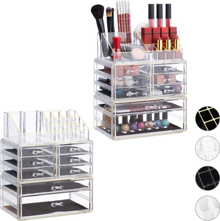 Relaxdays 2x make-up organizer transparant-goud cosmetica acryl stapelbaar 8 lades
